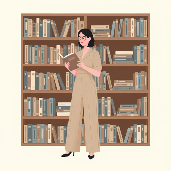 Woman Reading by Bookshelf