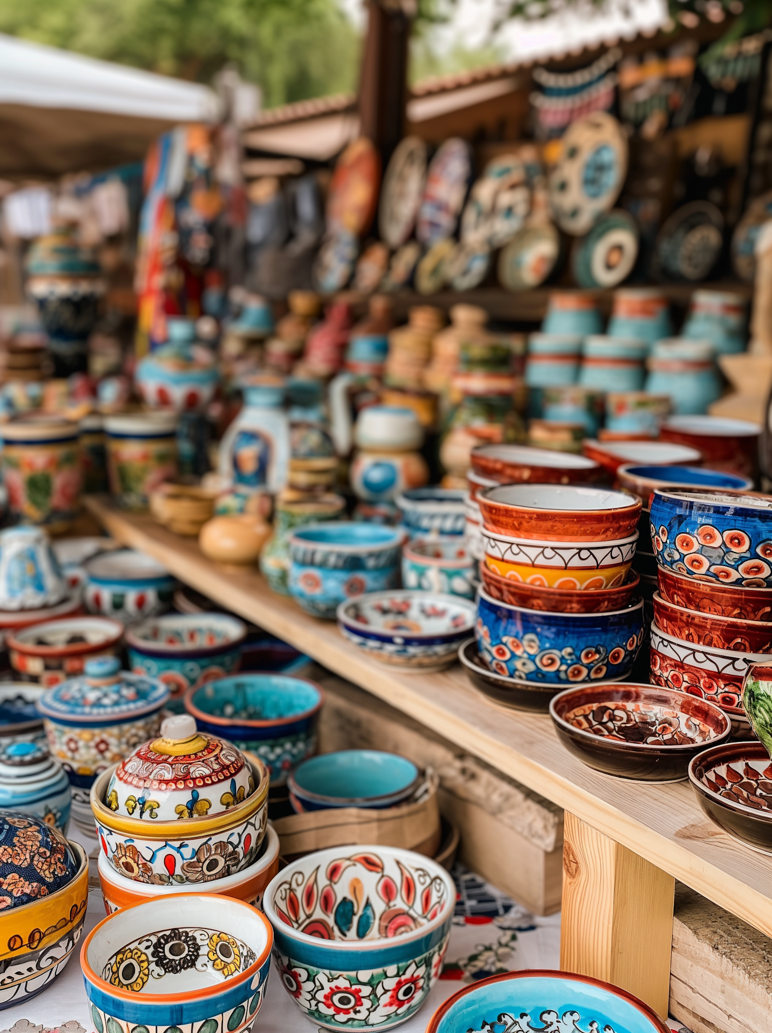 Colorful Ceramic Pottery at Market Stall