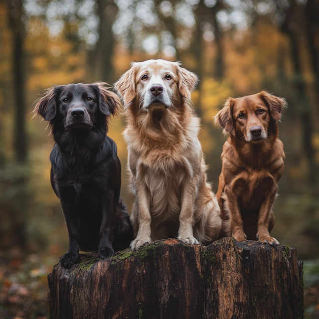 Dogs on Tree Stump in Forest