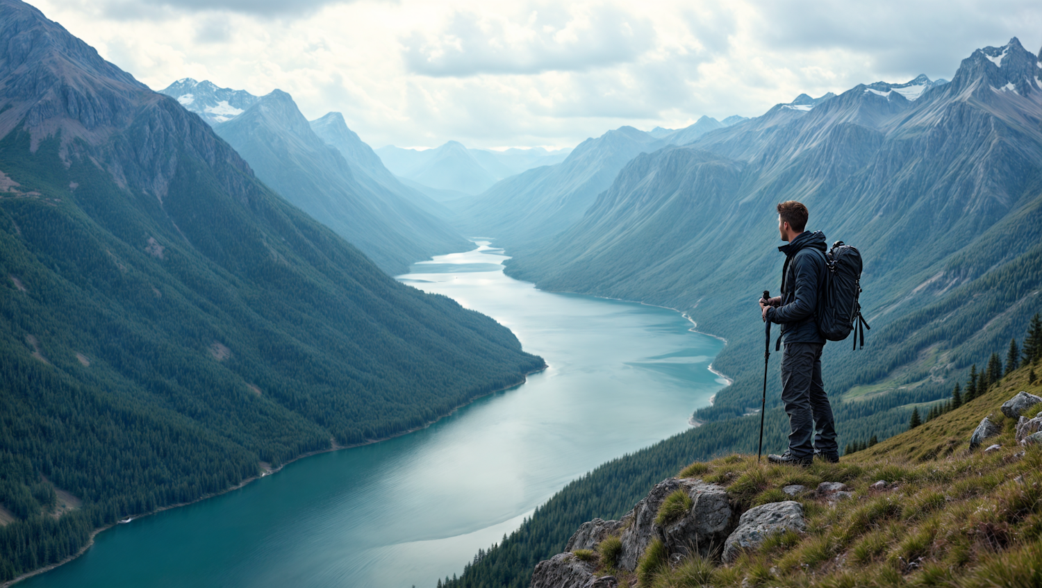 Solitary Hiker in Mountainous Landscape