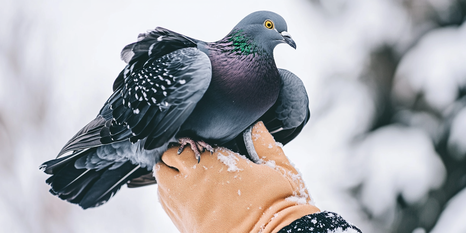 Pigeon on a Gloved Hand in Winter