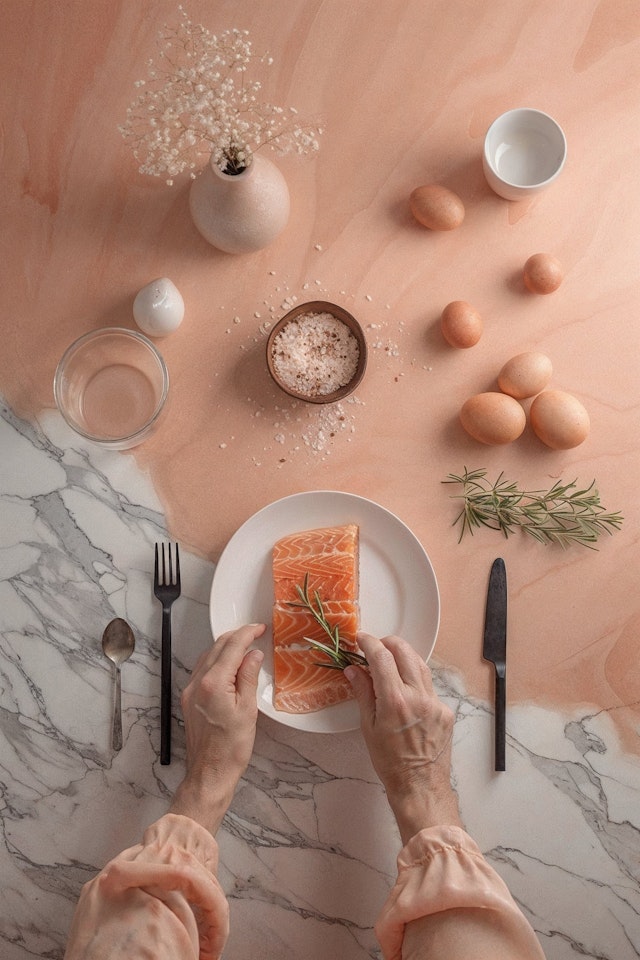 Elderly Hands Preparing Salmon Meal