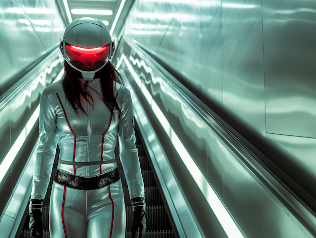 Futuristic Figure Descending Escalator