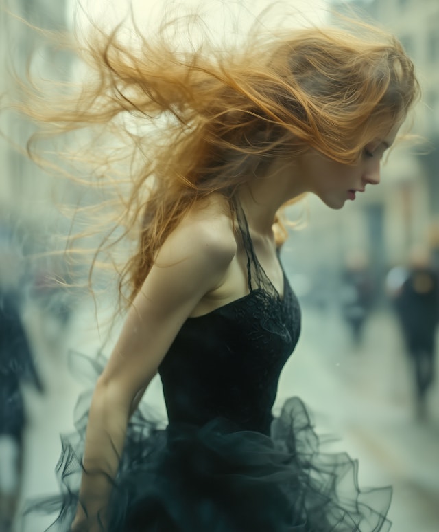 Ethereal Woman with Flowing Red Hair