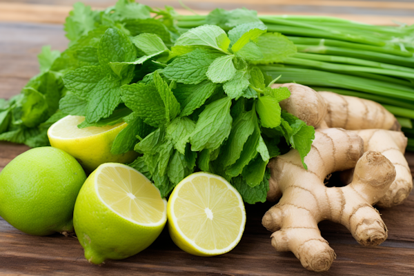 Fresh Culinary Produce with Mint, Ginger, and Limes on a Rustic Wooden Surface