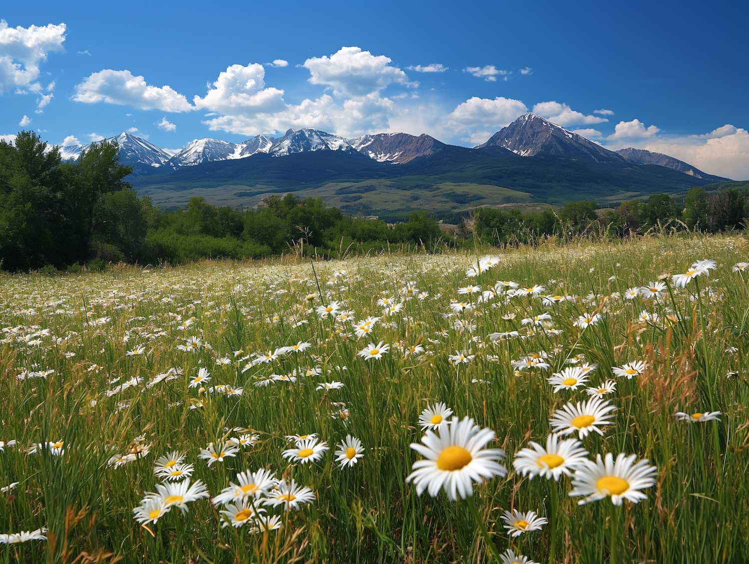 Meadow of Wildflowers with Snow-Capped Mountain Backdrop