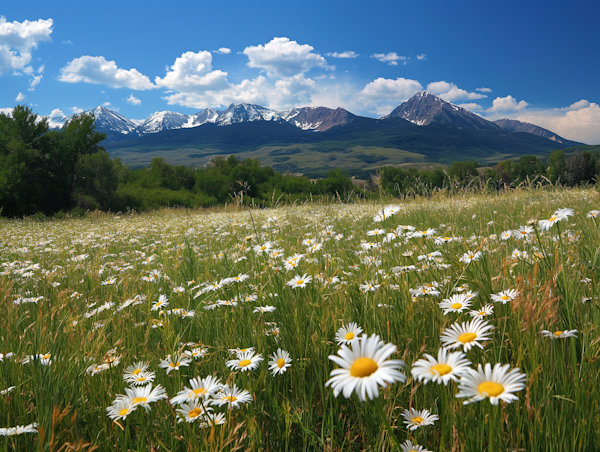 Meadow of Wildflowers with Snow-Capped Mountain Backdrop