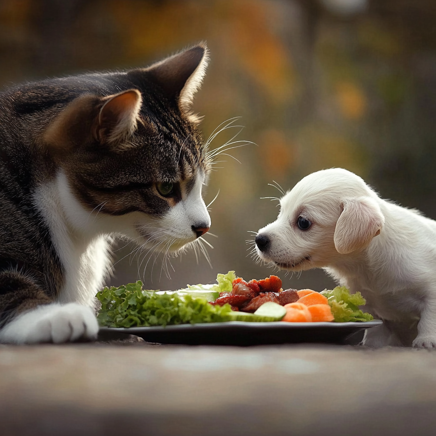 Cat and Puppy with Food