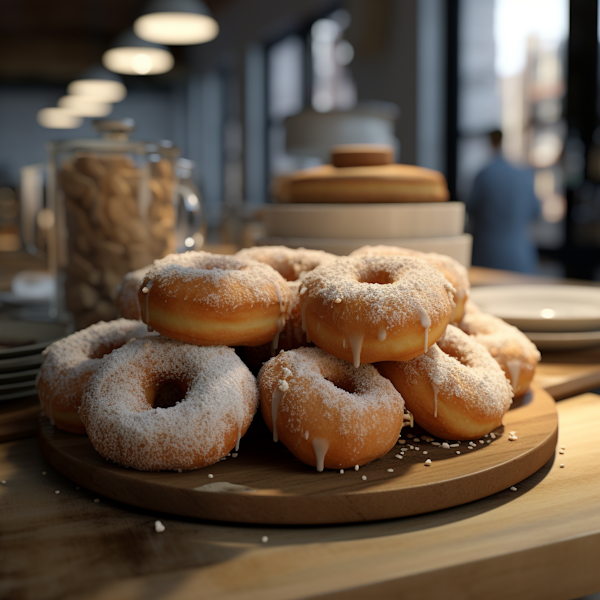 Glazed Sugar-Dusted Doughnuts on a Wooden Board