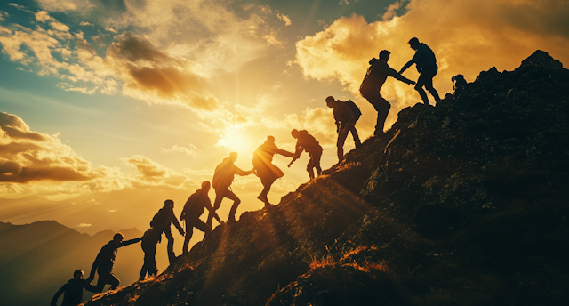 Climbers Ascending Mountain at Sunset