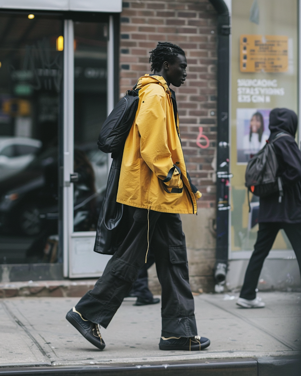 Man in Yellow Raincoat Walking in City