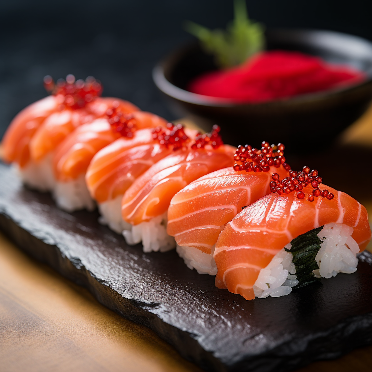 Salmon Nigiri with Fish Roe on Slate