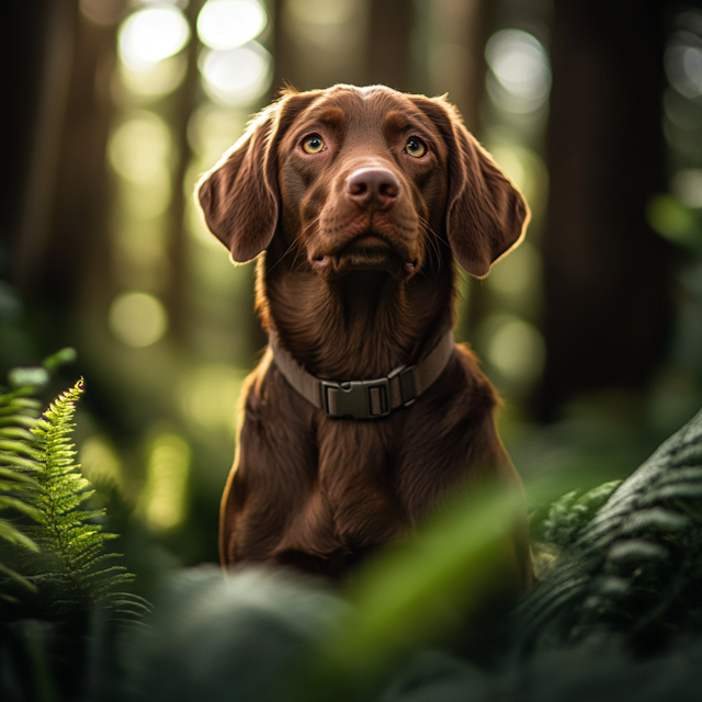 Chocolate Brown Dog in Lush Foliage