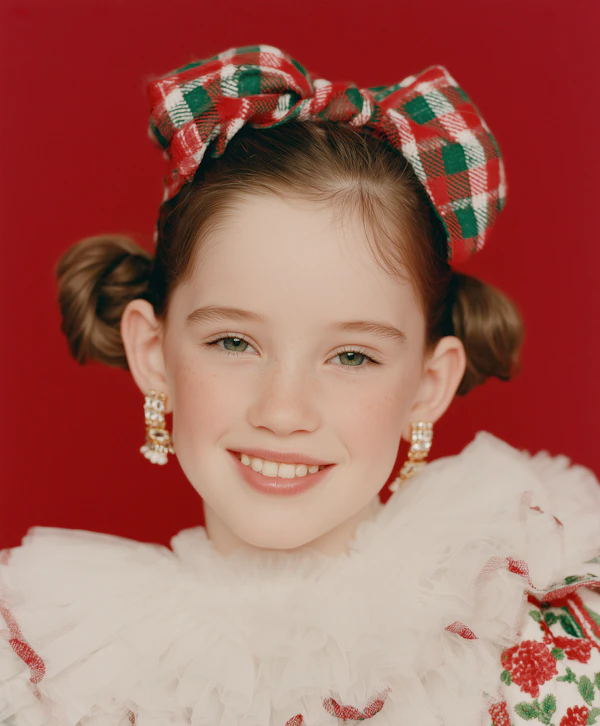 Smiling Girl in Plaid Bow