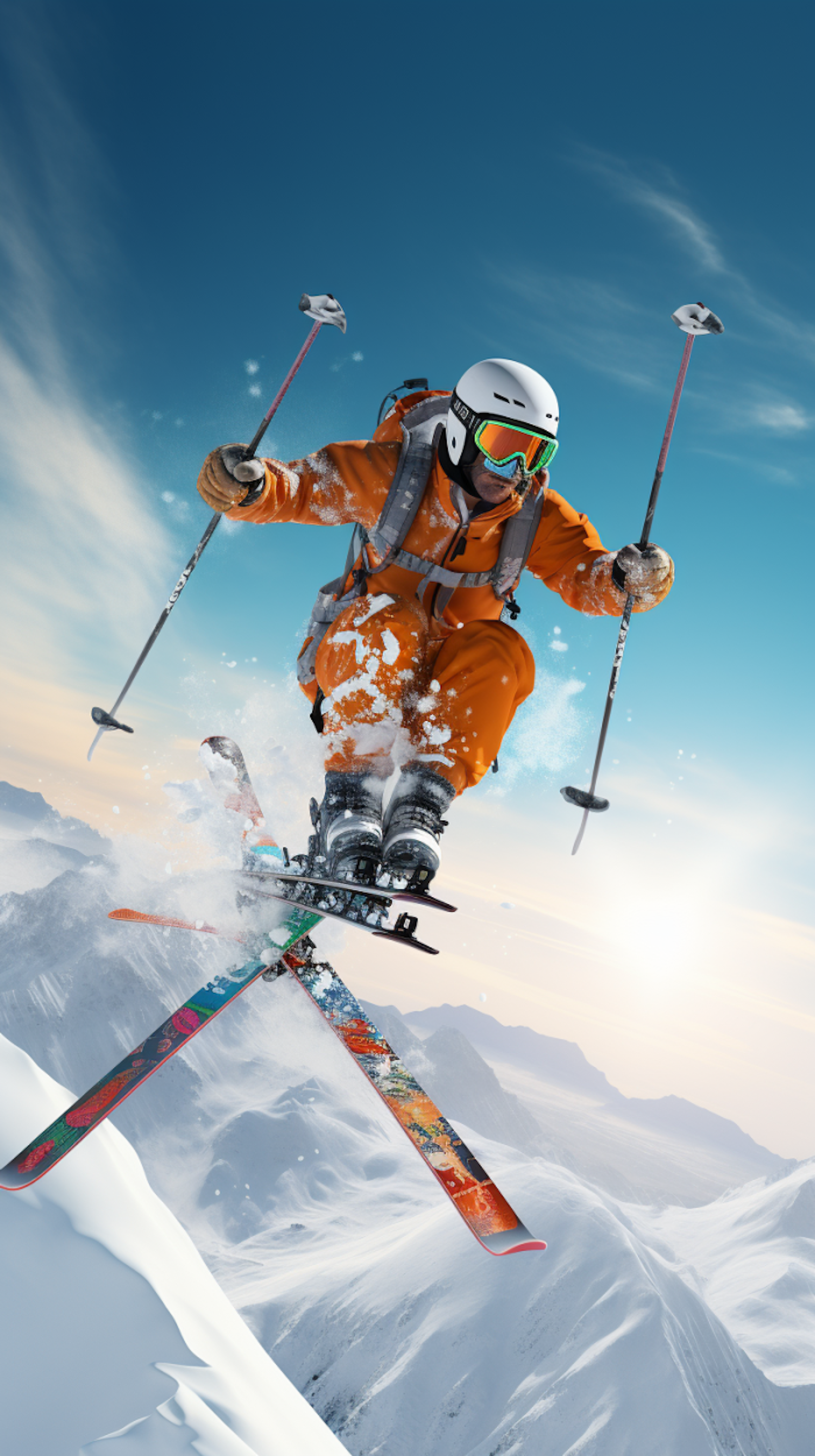 Dynamic Skier in Orange Against Blue Sky