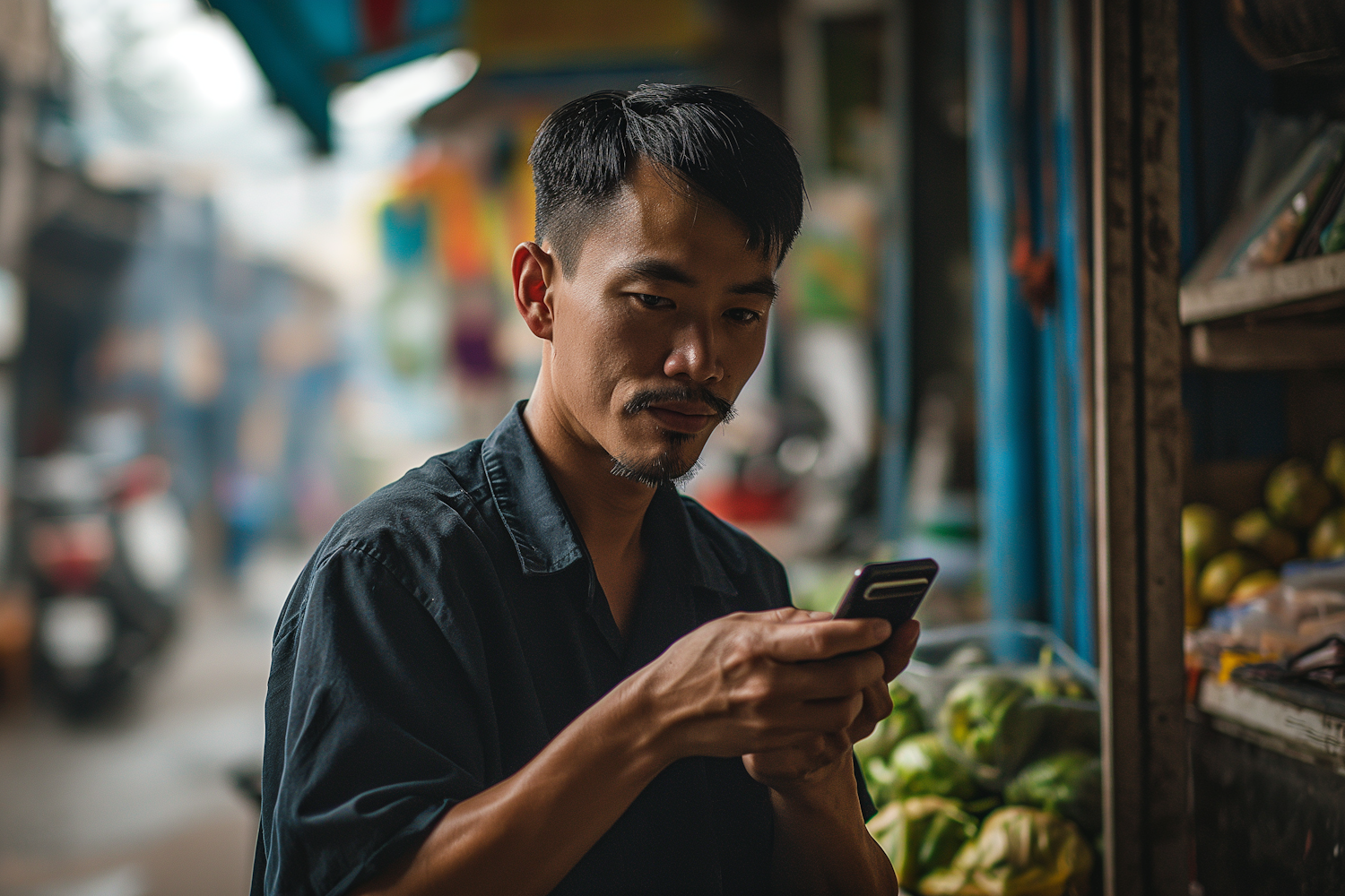 Asian Man Concentrated on Smartphone at Market