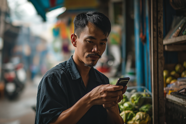 Asian Man Concentrated on Smartphone at Market