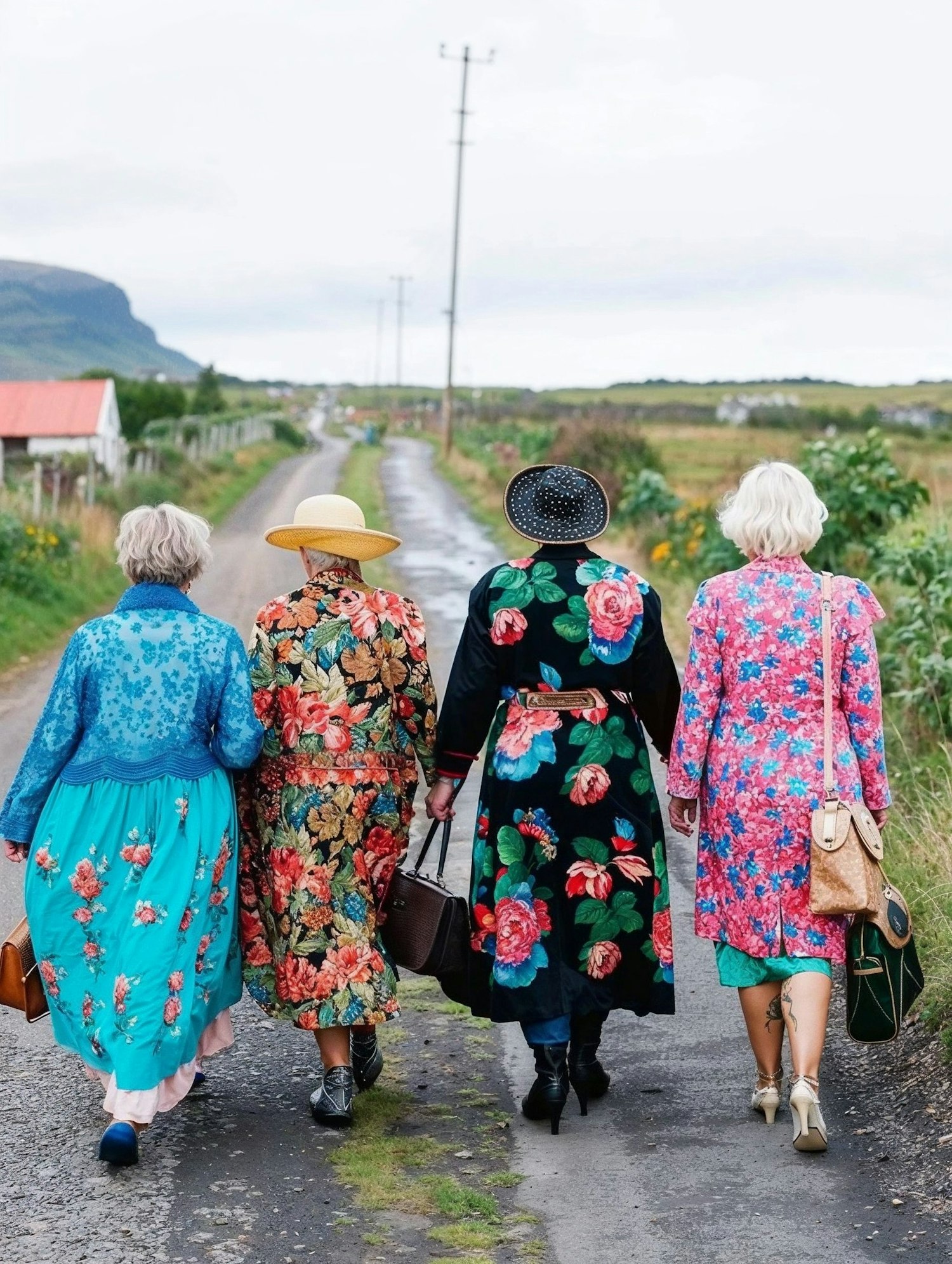 Women in Floral Dresses Walking on Rural Road