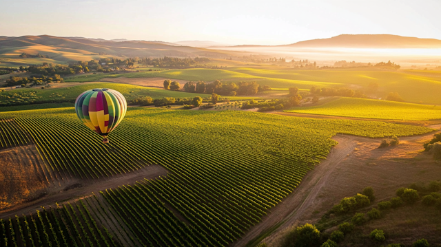 Hot Air Balloon Over Vineyards