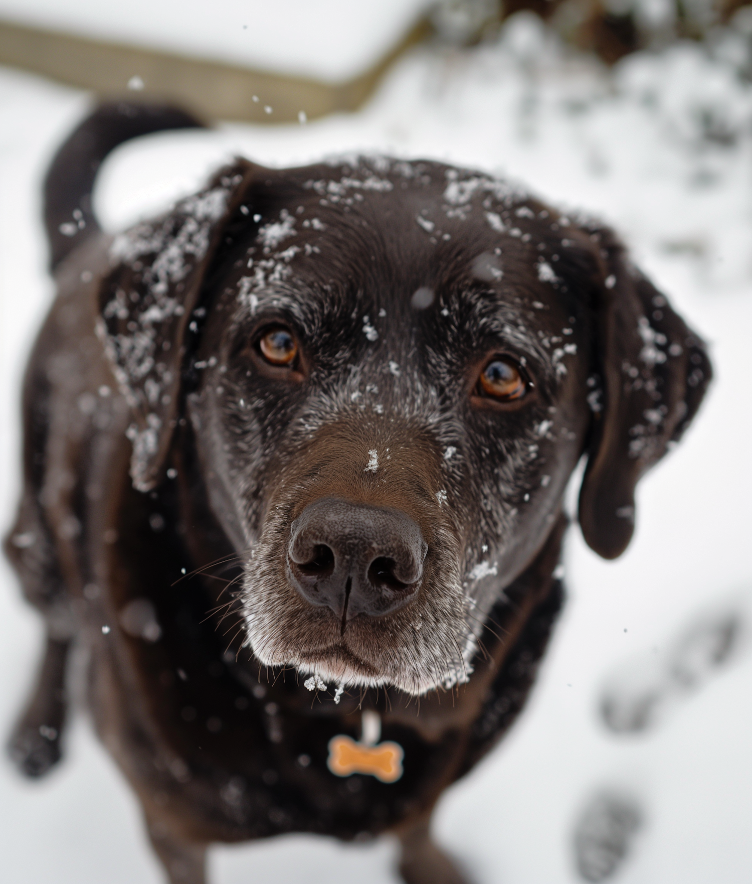 Snow-speckled Chocolate Lab