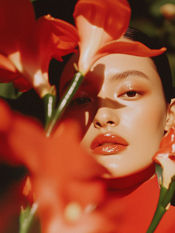 Serene Portrait with Red Flowers