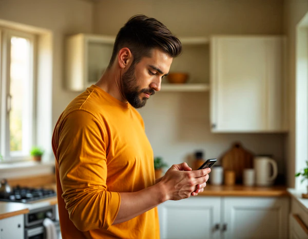 Man in Kitchen with Smartphone