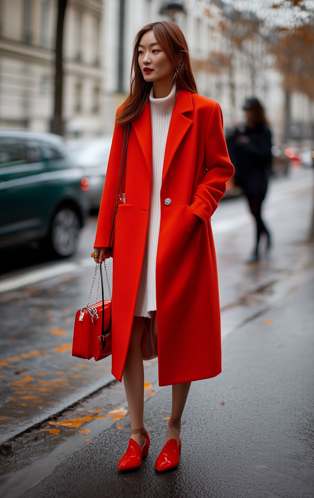 Woman in Red Coat on City Street