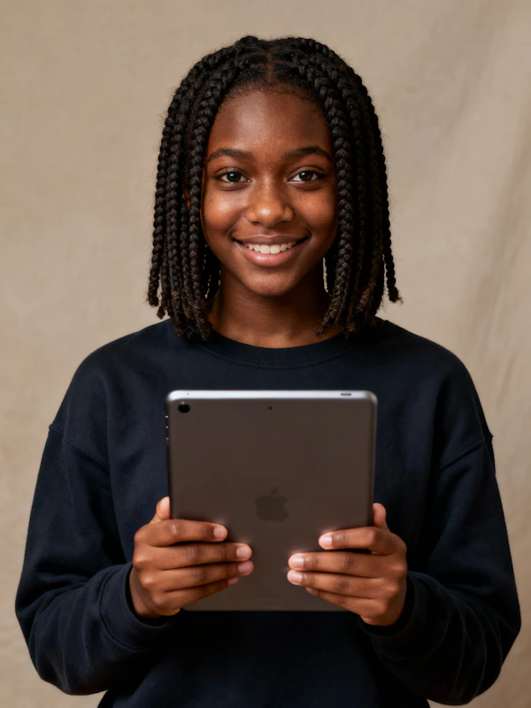 Smiling Individual with Tablet
