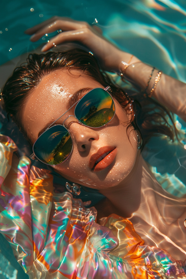 Serene Submerged Woman with Reflective Sunglasses