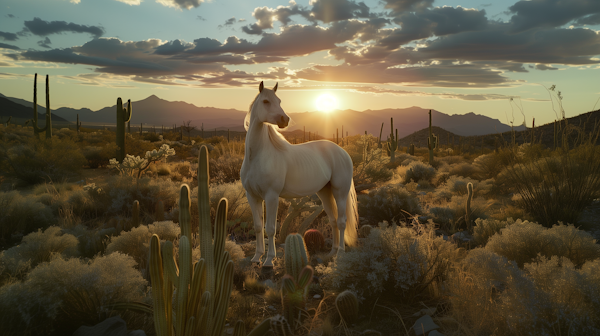 Majestic White Horse in Desert Sunset