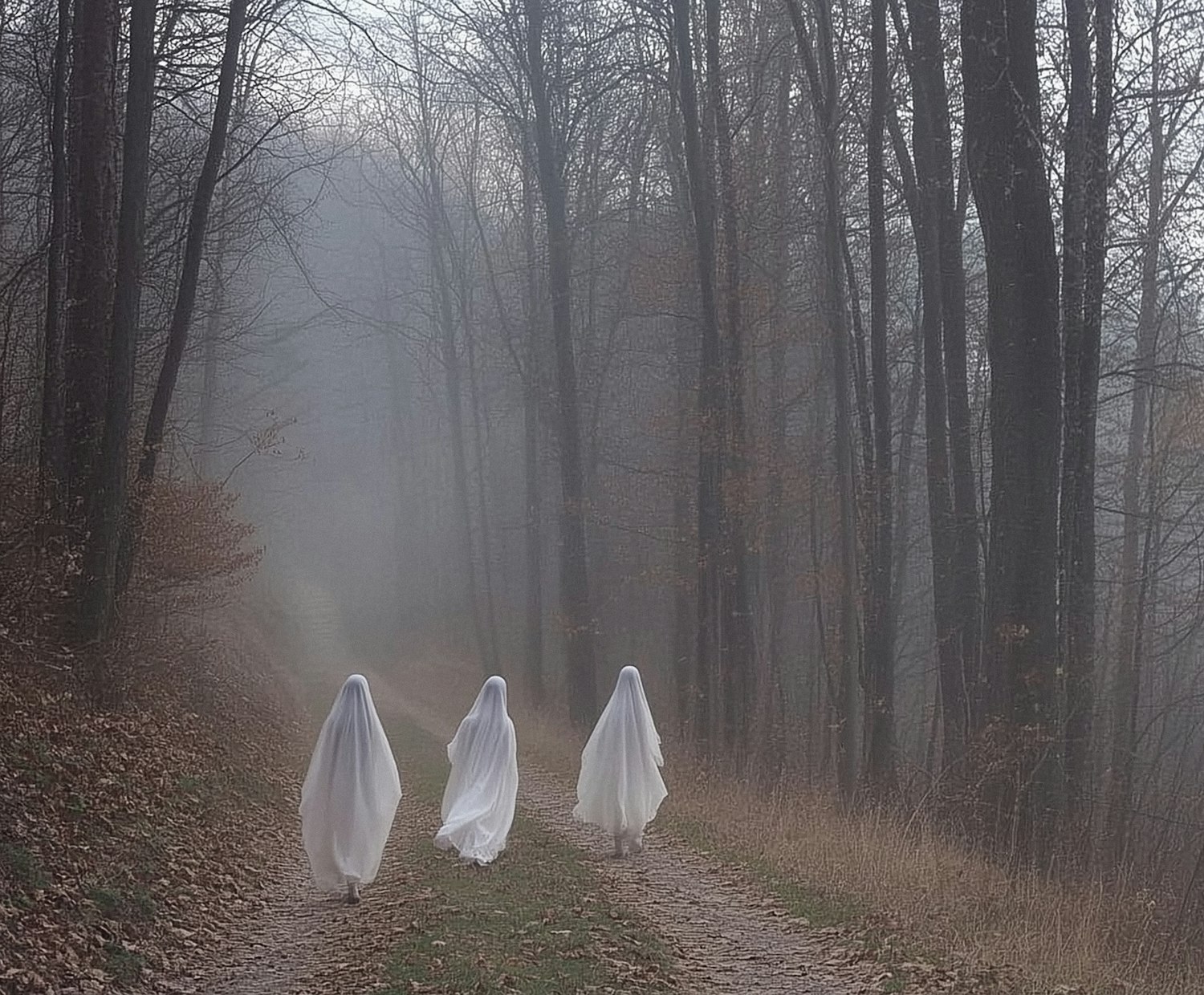 Ghostly Figures in Foggy Forest