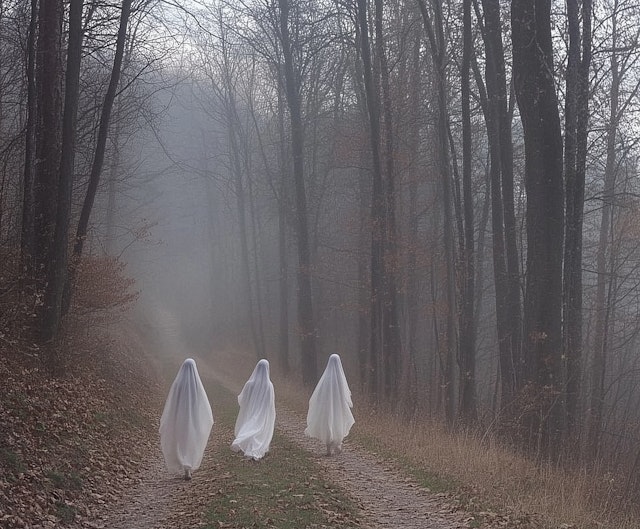 Ghostly Figures in Foggy Forest