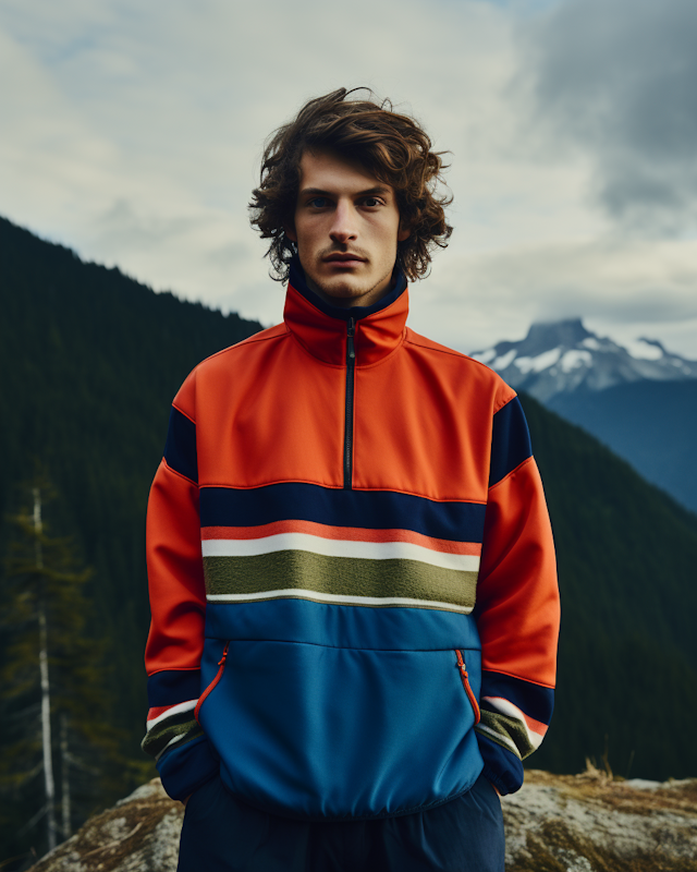 Contemplative Explorer in Colorful Attire Against Mountain Backdrop