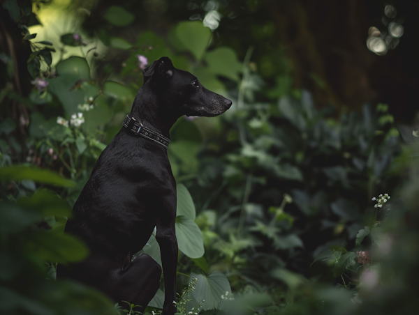 Contemplative Black Dog in Nature