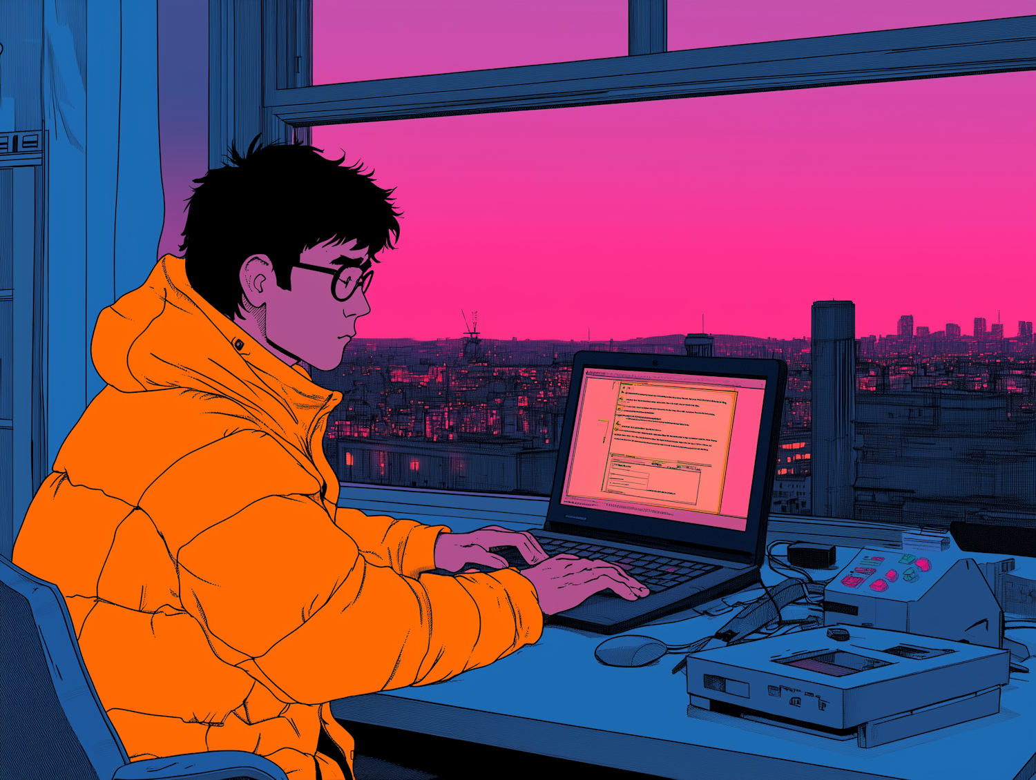 Person Working at Desk with Cityscape Background