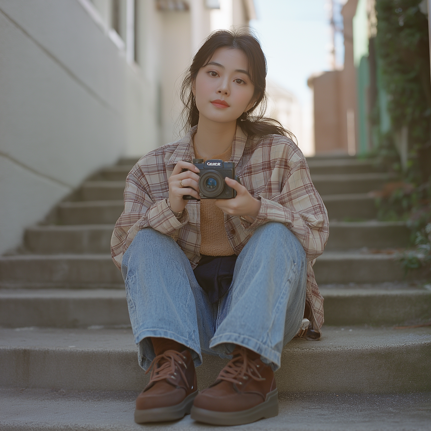 Young Woman with Camera on Steps