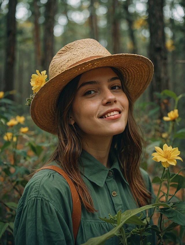 Woman in Nature with Yellow Flowers