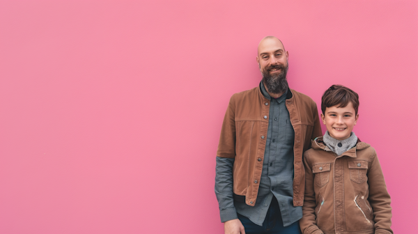 Father and Son in Matching Brown Jackets and Smiles Against Pink Background