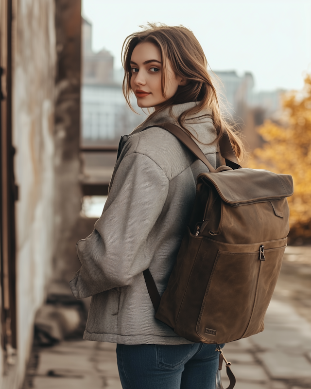 Young Woman with Backpack in Autumn Setting