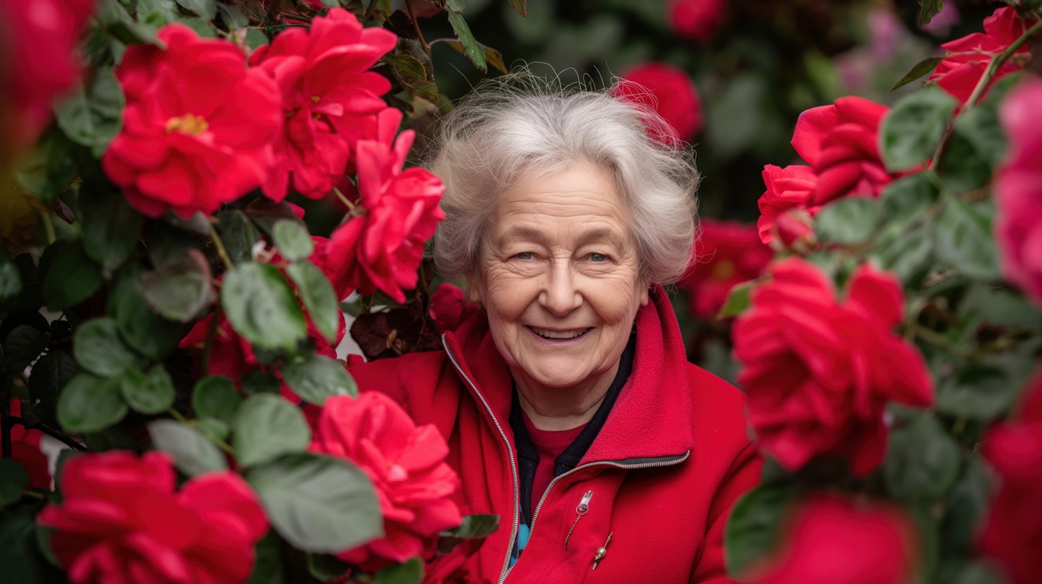 Elderly Woman with Red Roses