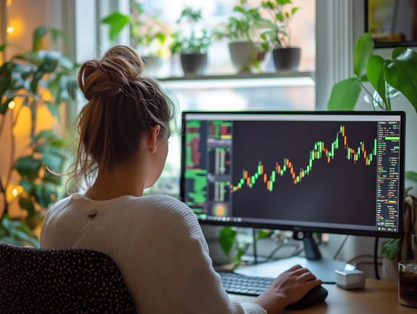 Woman Analyzing Financial Charts on Desktop Monitor