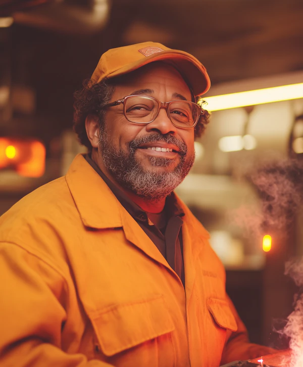 Man in Orange Jacket in Industrial Setting