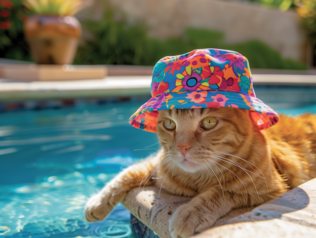 Tabby Cat Lounges Poolside