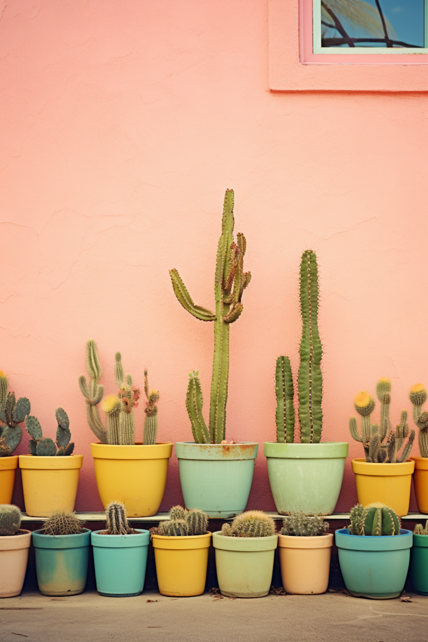 Pastel Cacti Ensemble with Peach Window Frame