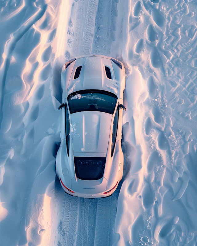 White Sports Car in Snowy Landscape