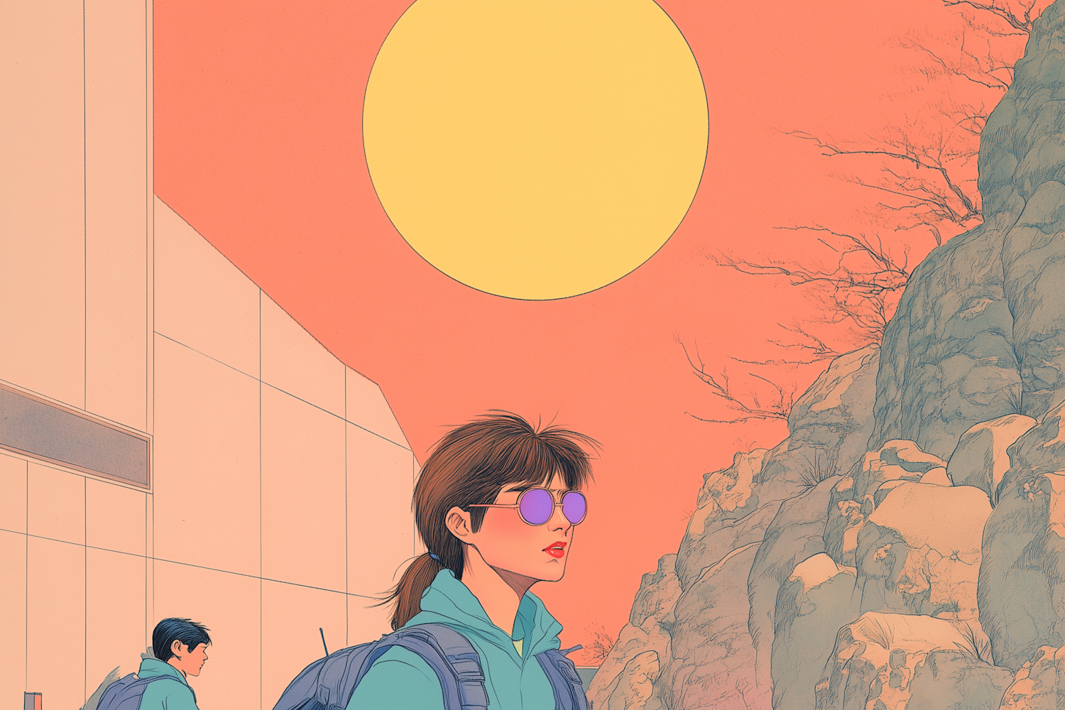 Stylized Hikers at Sunset