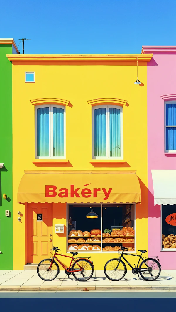 Vibrant Street Scene with Bakery