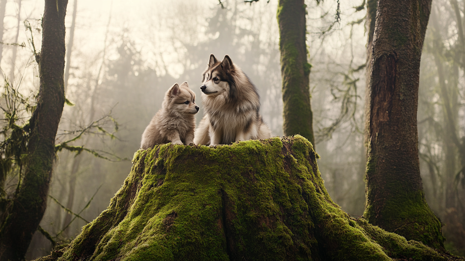 Dogs on Mossy Stump