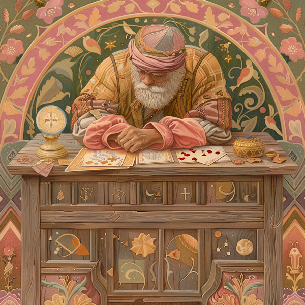 Elderly Scholar Studying Cards