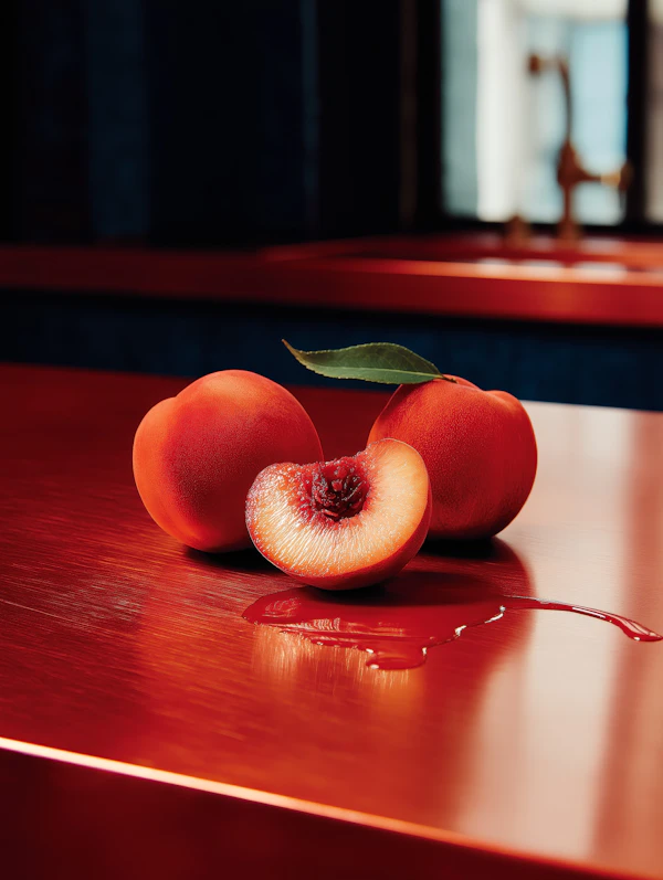 Peaches on Red Surface